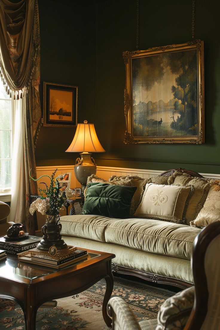 a living room filled with furniture and a painting hanging on the wall above it's windows