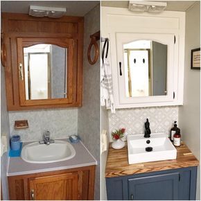 two pictures side by side one has a sink and the other has a mirror above it