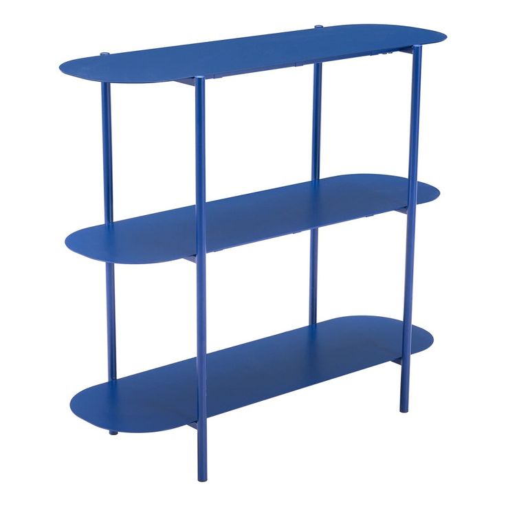 a blue shelf with three shelves on each side