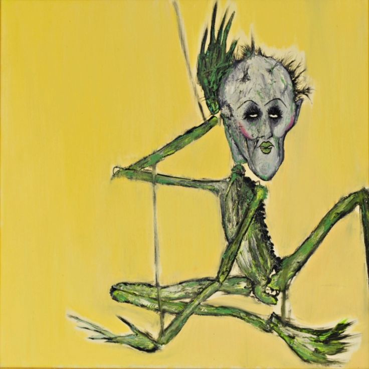 a drawing of a creepy looking creature with green hair and eyes, sitting on a yellow background