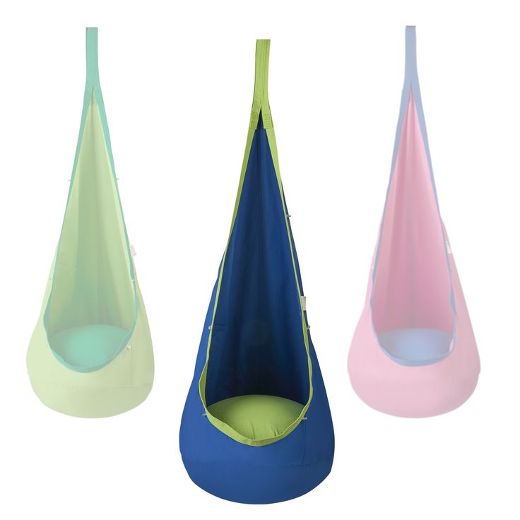 three different colored hanging hammocks in various shapes and sizes, one is blue, the other has pink