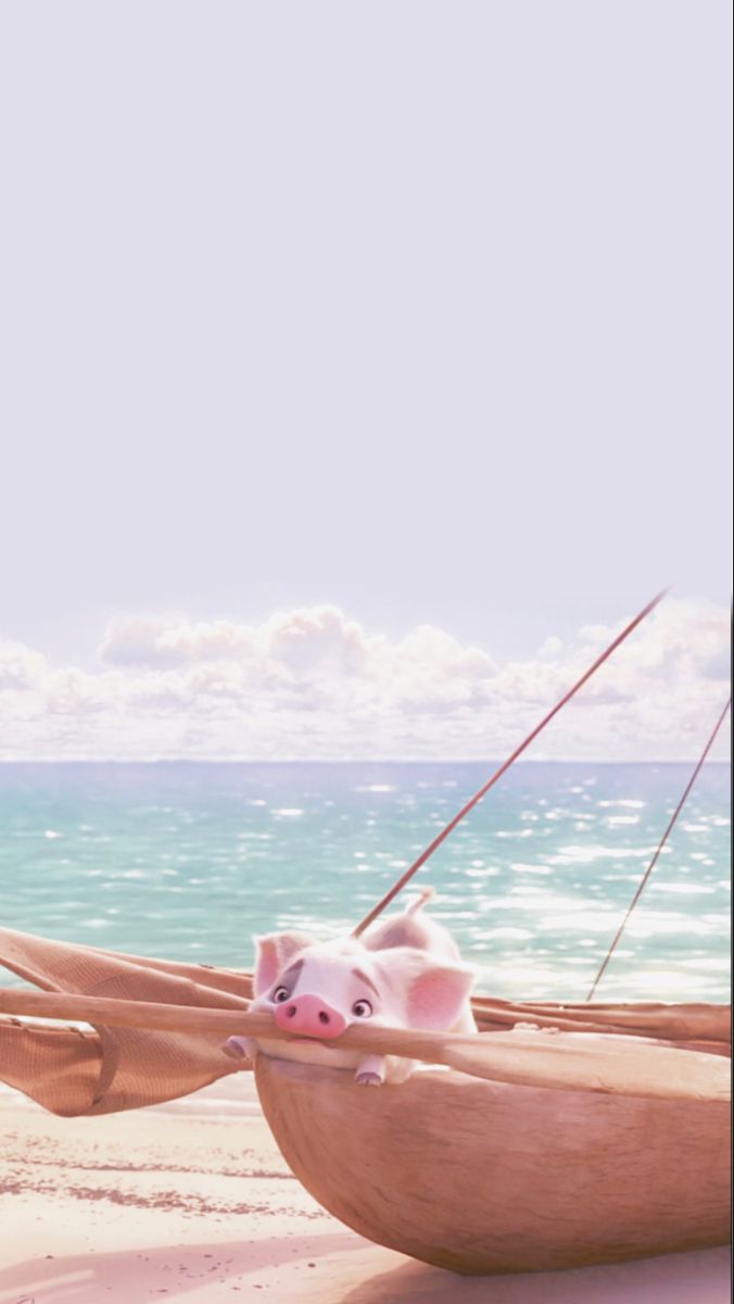 a pink pig is sitting in a boat on the beach next to the water and clouds