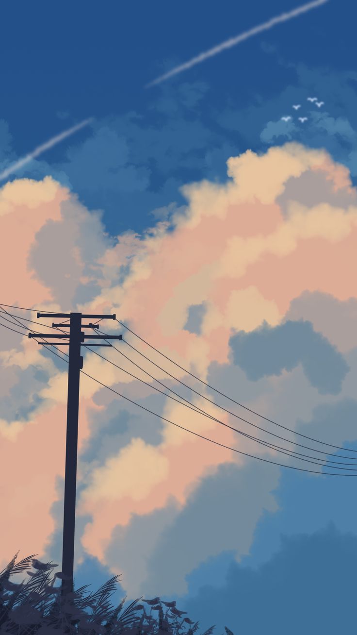 the sky is filled with clouds, power lines and an airplane flying in the distance