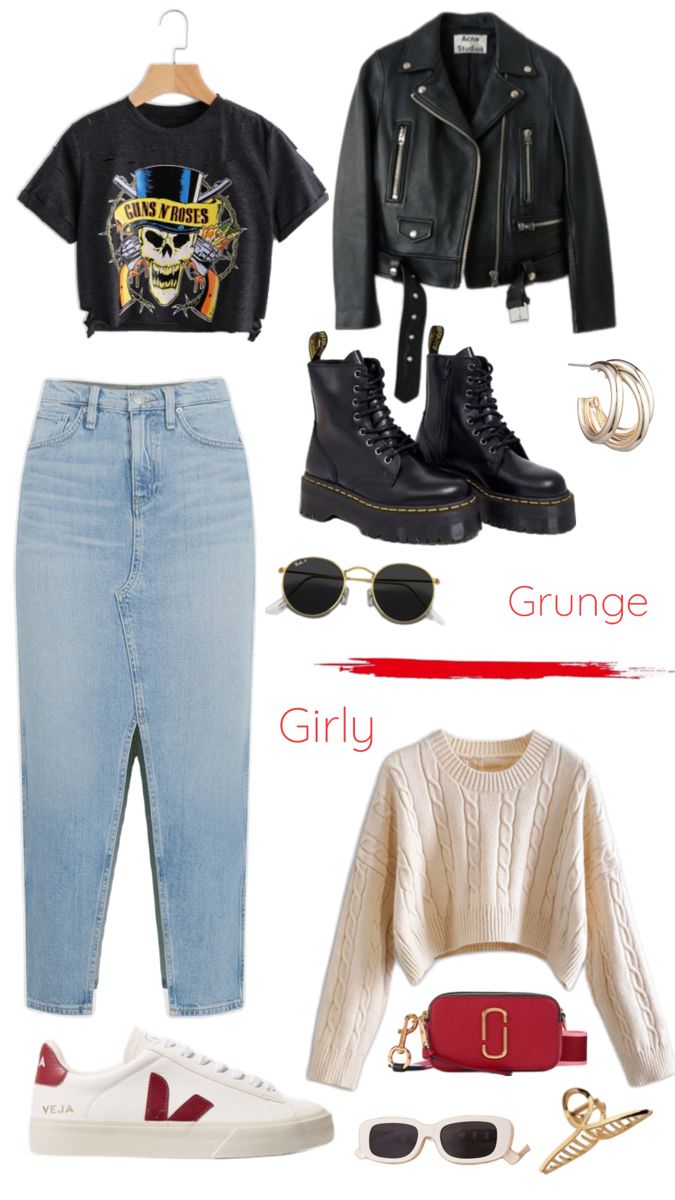 Grunge vs girly Girly Grunge Outfits, Grunge Chic Outfits, Edgy Mom Outfits, 30s Aesthetic, Rockstar Fashion, Camisa Rock, Mum Fashion, Simple Trendy Outfits, Alternative Outfits