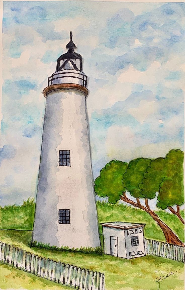 a watercolor painting of a light house in the middle of a green field with trees