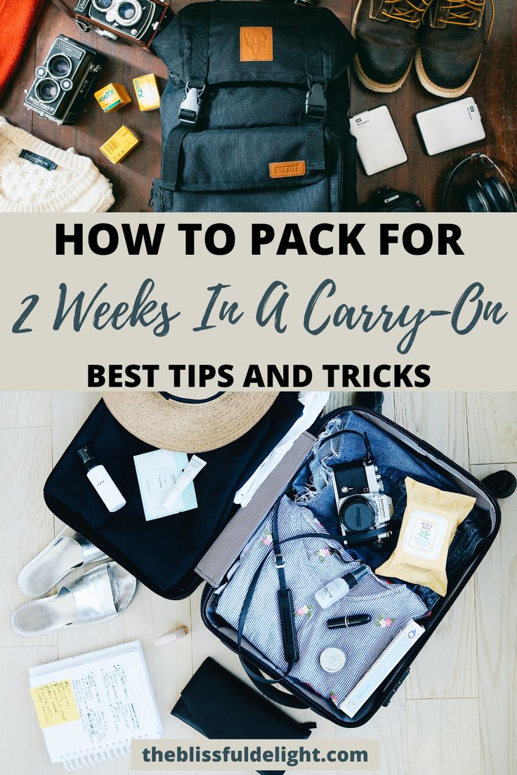 an open suitcase with the title how to pack for 2 weeks in a carry - on best tips and tricks