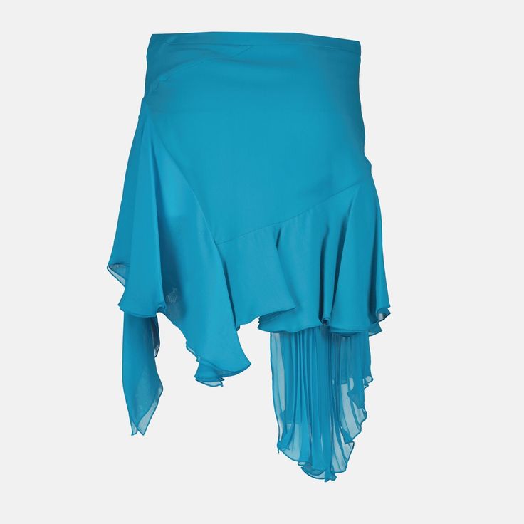 Jupe en soie Versace pour femme. Pre-draped Asymmetrical Skirt For Spring, Evening Pleated Asymmetrical Draped Skirt, Draped Lined Skirt, Fitted Pleated Skirt With Asymmetrical Hem, Chic Draped Lined Skirt, Asymmetrical Pleated Formal Skirt, Spring Draped Bottoms With Folds, Asymmetrical Pleated Skirt For Formal Occasions, Silk Ruffled Flowy Skirt