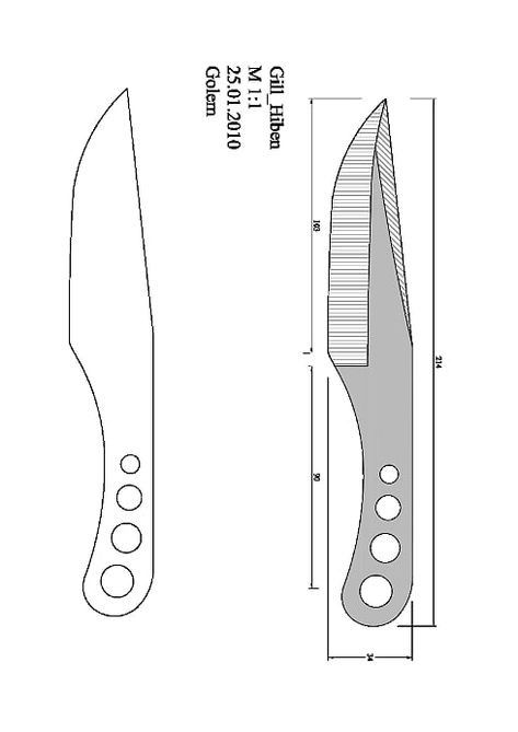 a drawing of a knife with measurements for the blade, and an image of its length