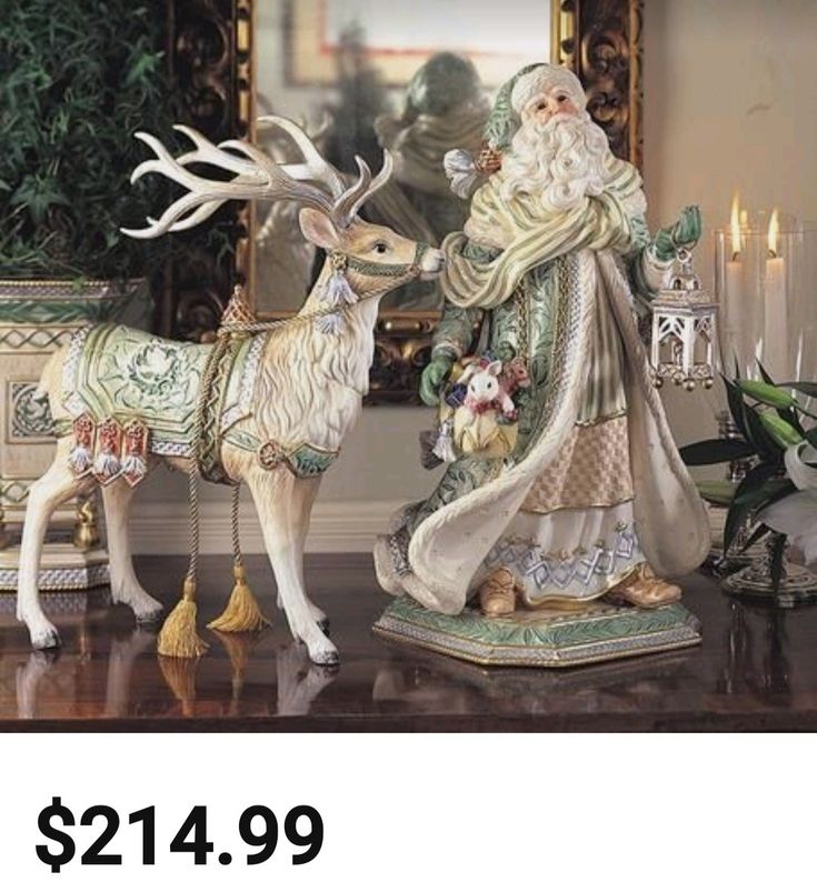 a statue of santa claus next to a deer with antlers on its back and a mirror in the background