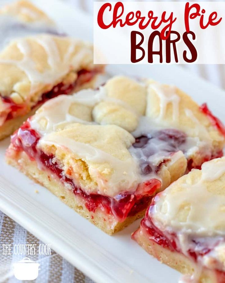 cherry pie bars on a white plate with text overlay