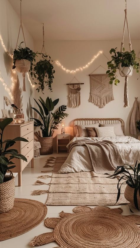 a bedroom with lots of plants and lights on the wall above the bed, along with rugs