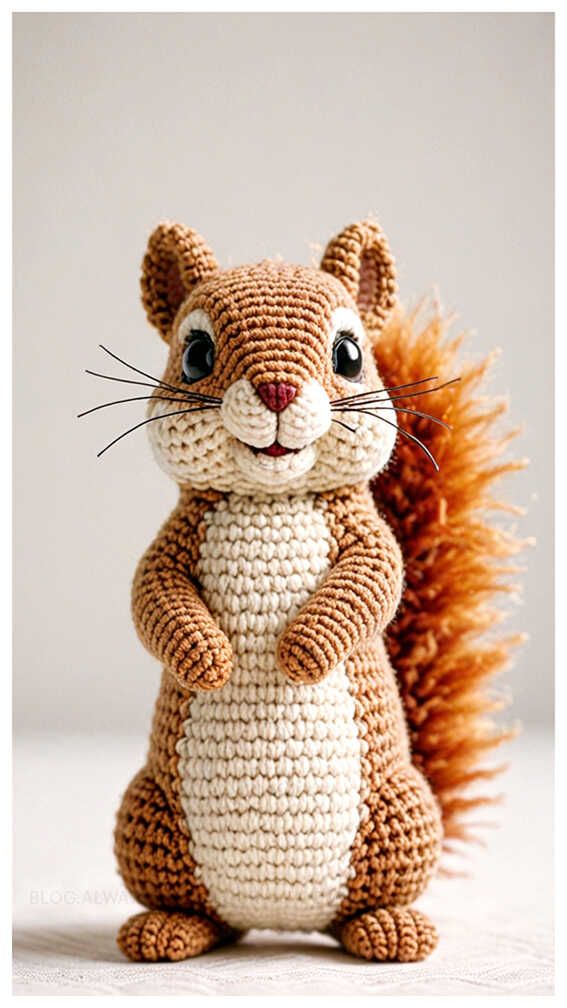 a crocheted squirrel is standing on its hind legs and it's eyes are wide open