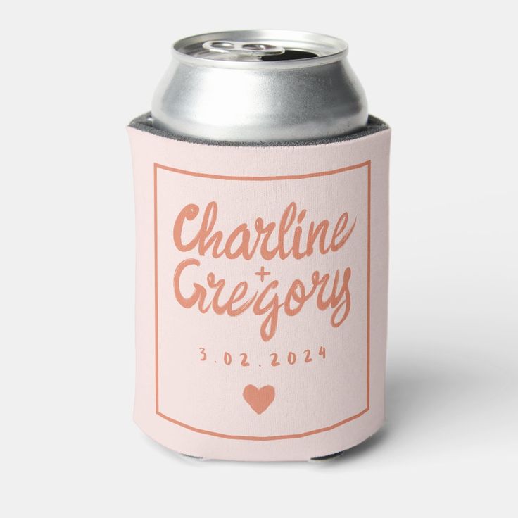 a pink and white can cooler with the words charline gresby printed on it