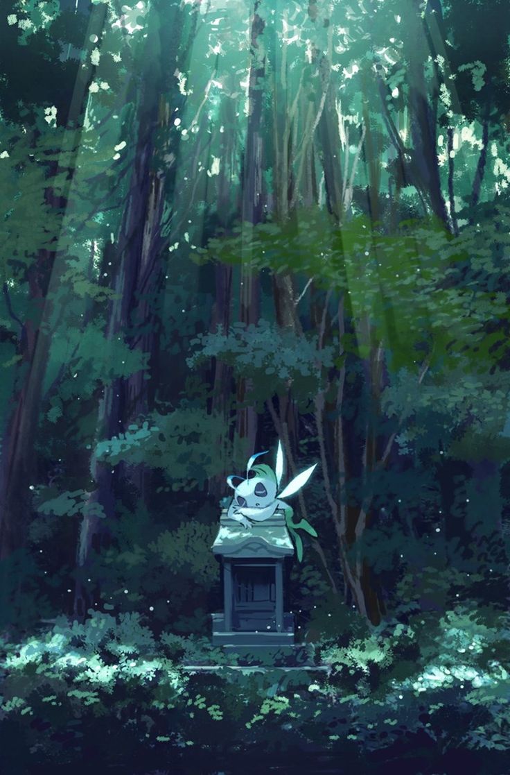 a small shrine in the middle of a forest with sunlight streaming through trees and leaves