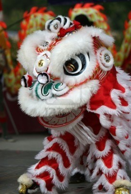 a white and red lion dance costume