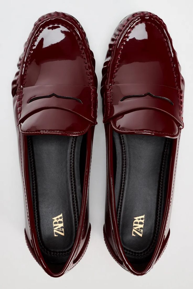 FAUX PATENT LEATHER PENNY LOAFERS - Burgundy Red | ZARA United States Flat Patent Leather Loafers For Office, Trendy Patent Leather Flat Loafers, Flat Patent Leather Loafers For Work, Trendy Patent Leather Loafers For Business, Business Patent Leather Flat Loafers, Trendy Patent Leather Loafers With Flat Heel, Zara Classic Flat Loafers, Trendy Zara Loafers For Office, Red Loafers Women