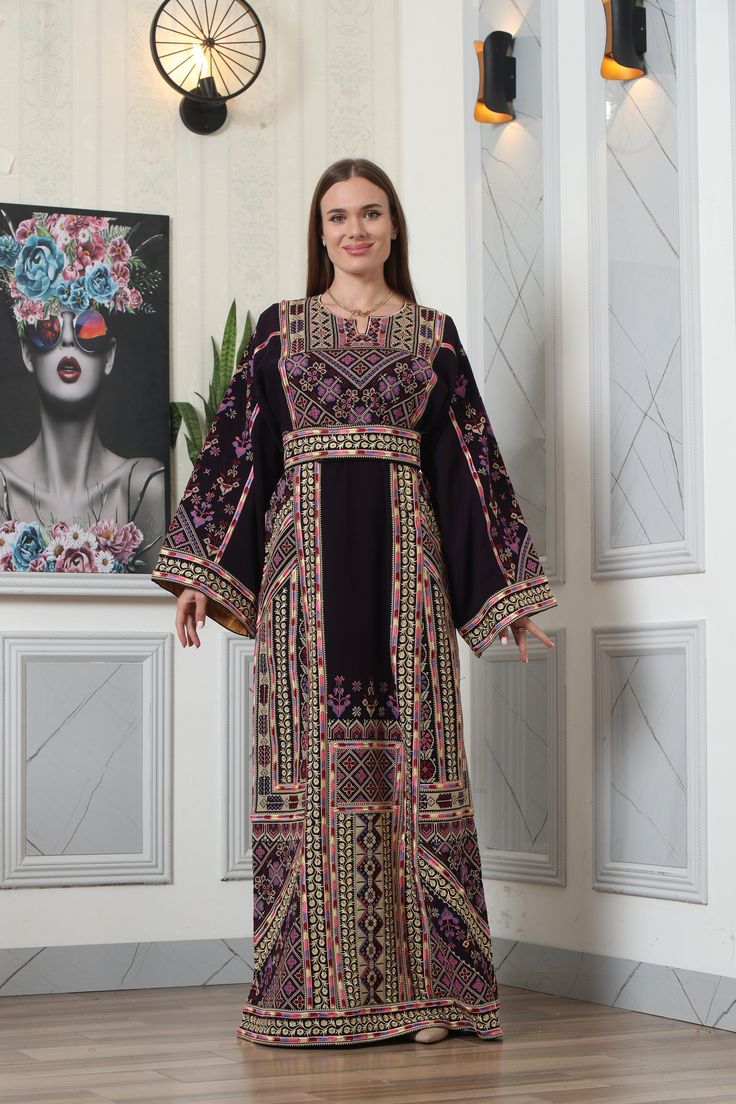 Queen Thobe Embroidered Palestinian Maxi Dress Long Sleeves Kaftan Palestinian Design And Embroidery Royal Palestinian queen dress Stunning Palestinian embroidered Thobe Palestinian stylish design and beautiful embroidery Astonishing embroidery colors Long embroidered sleeves Non-transparent (not see-through) high-quality fabric ♥ LUXURIOUS UNIQUE STYLE AND DESIGN: New Palestinian Thobe/Caftan style designed by Palestinian designers, shows your charming taste, unique elegant style. Impress the c Stylish Outfits Casual, Maxi Dress Long, Embroidered Sleeves, Dress Long Sleeves, Queen Dress, Beautiful Embroidery, Dress Clothes For Women, Embroidered Dress, Long Maxi Dress