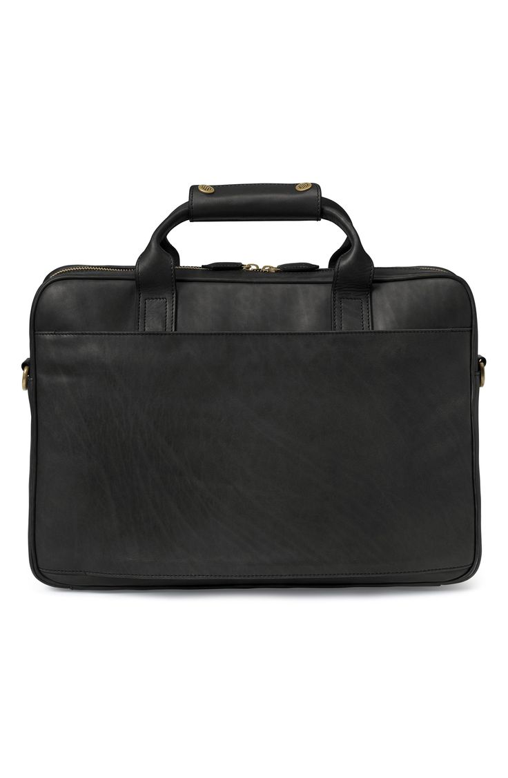 Debossed logo detailing and full-grain leather create luxe appeal on a refined briefcase fitted with multiple compartments for organizing your daily essentials. Lined Leather Imported Timeless Leather Laptop Bag For Business Trips, Classic Everyday Laptop Bag With Smooth Grain, Classic Black Bag For Business Trips, Black Leather Lined Laptop Bag For Work, Classic Laptop Bag With Smooth Grain For Everyday, Classic Black Bags For Business Trips, Timeless Leather Briefcase For Business Trips, Elegant Textured Leather Laptop Bag For Formal Use, Elegant Textured Leather Laptop Bag For Formal Occasions