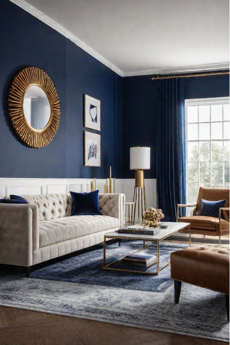 Elegant living room with navy blue accent wall and gold decor Blue Gold And Cream Living Room, Navy Blue And Ivory Living Room, Navy Blue Ivory Gold Living Room, Navy Blue Beige And Gold Living Room, Marine Blue Living Room, Dark Blue And Cream Living Room, Navy Blue And Beige Living Room Ideas, Dark Blue And Beige Living Room, Navy Home Interior