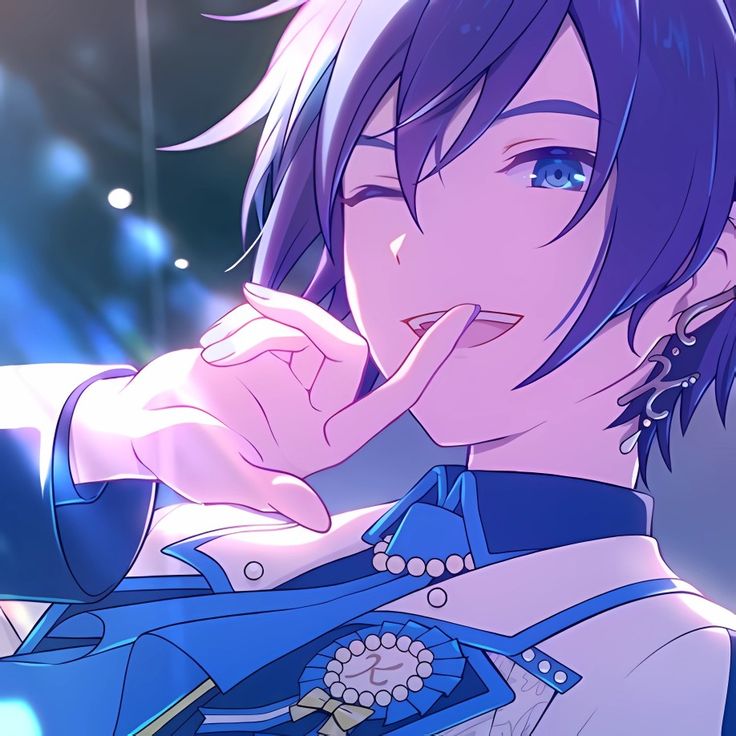 an anime character with purple hair and blue eyes pointing to the side, in front of bright lights