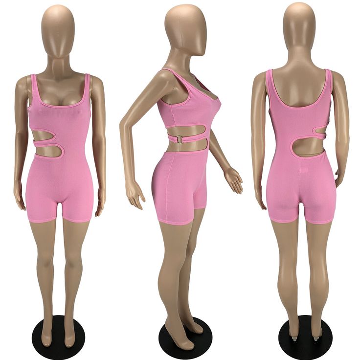 Solid Color Tight Sexy Hollow Stripe Jumpsuit Pink Summer Unitard, High Stretch Unitard For Club In Summer, Summer Club Unitard, Pink High Stretch Jumpsuits And Rompers For Summer, Pink High-stretch Jumpsuits And Rompers For Summer, Pink Summer Jumpsuits And Rompers With High Stretch, Trendy One-piece Club Bodysuit, Trendy Stretch Sleeveless One Piece, Trendy High Stretch Summer Unitard