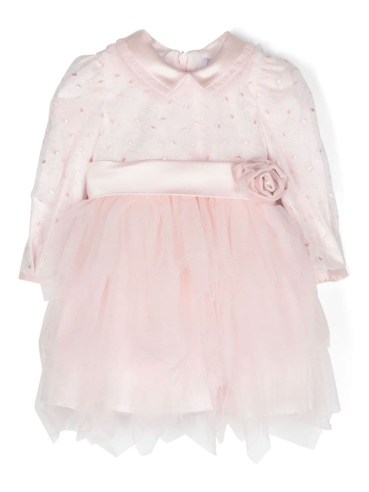 light pink mesh design classic collar ruffled detailing long puff sleeves belted waist floral appliqué tiered skirt full lining straight hem rear zip fastening Dress With Jean Jacket, Teen Boy Outfits, Baby Boy Accessories, Gucci Kids, Dolce And Gabbana Kids, Boys Accessories, Long Puff Sleeves, Mesh Design, Floral Applique