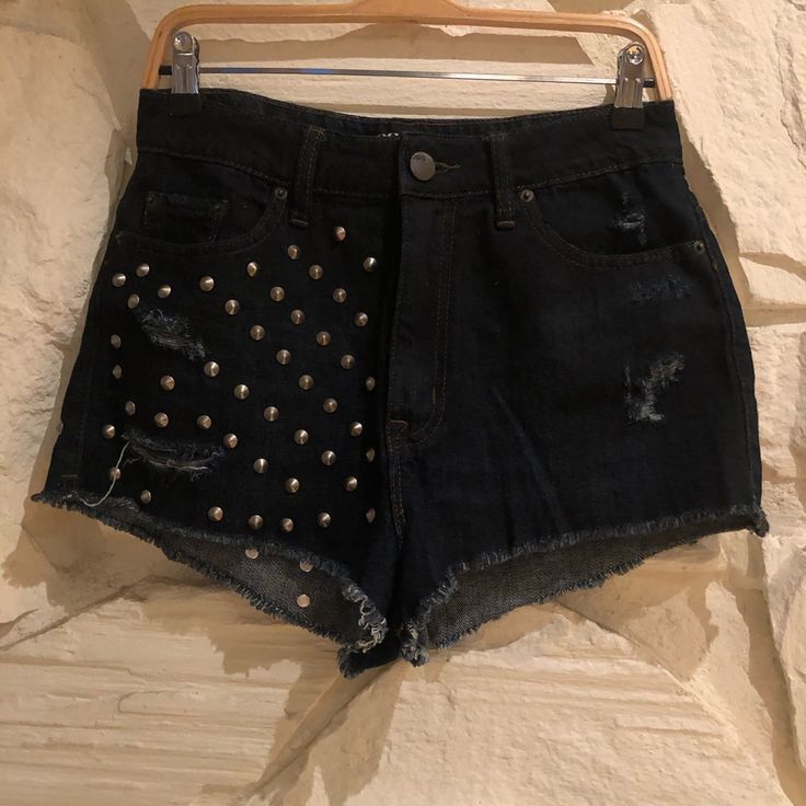 Cheeky High Waisted Bdg Denim Shorts From Urban Outfitters , Dark Wash With Studs On One Side. Size 29, But Run Small , Never Worn. Offers Welcome Dark Wash High Rise Bottoms For Night Out, Dark Wash Mid-rise Bottoms For Night Out, Denim Shorts For Night Out, Dark Wash Denim Bottoms For Night Out, Mid-rise Denim Jean Shorts For Night Out, Denim Jean Shorts For Night Out, Trendy Denim Jean Shorts For Night Out, High Waist Punk Denim Bottoms, Punk High Waist Jean Shorts For Summer