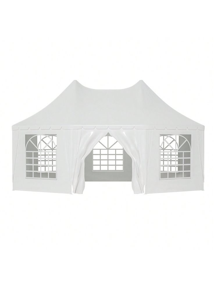 a white tent with windows and curtains on the side, isolated against a white background