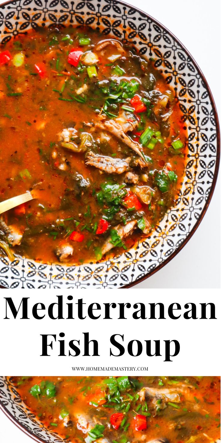 mediterranean fish soup in a bowl with a wooden spoon on the side and text overlay that reads mediterranean fish soup