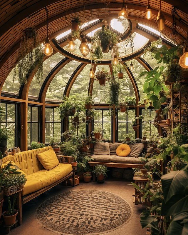 a living room filled with lots of plants and lights hanging from the ceiling above it