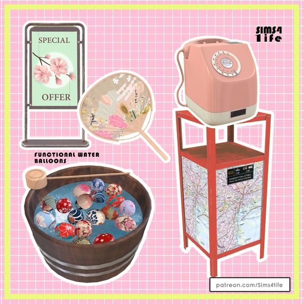 an assortment of items including a pink ice bucket, map and pinball game machine