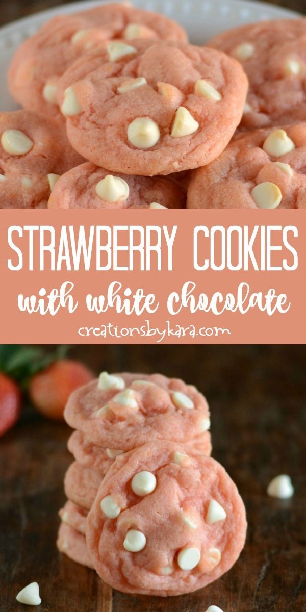 strawberry cookies with white chocolate chips are stacked on top of each other and in the middle