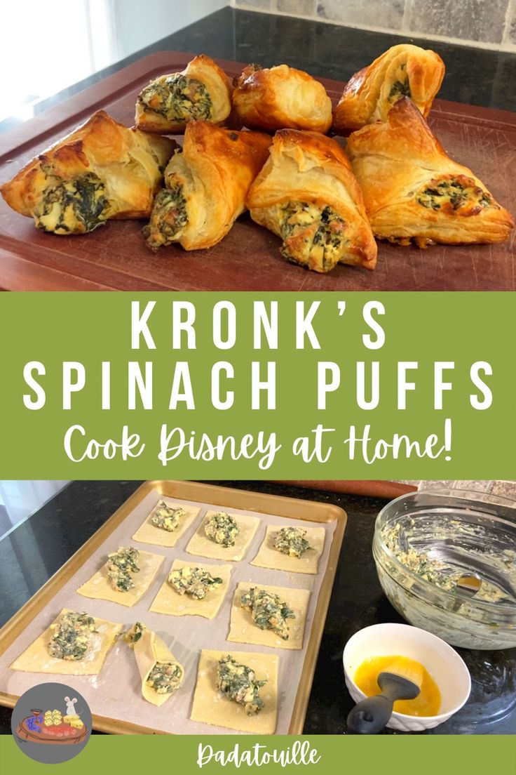 some spinach puffs are on a table with other food items and a bowl