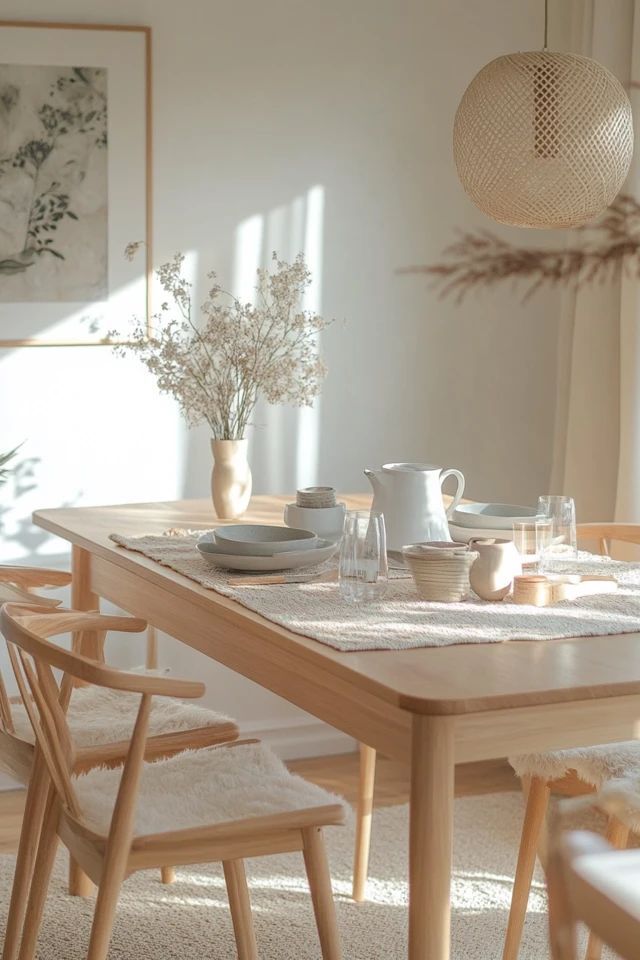 a dining room table is set with dishes, cups and vases on the table