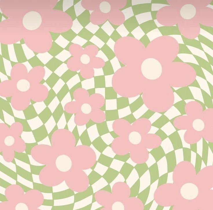 an abstract floral pattern with pink flowers on green and white checkerboard background for wallpaper