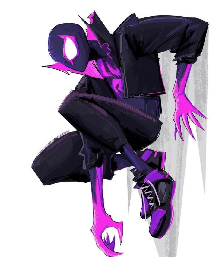 a drawing of a person with purple hair and black pants sitting on the ground wearing sneakers