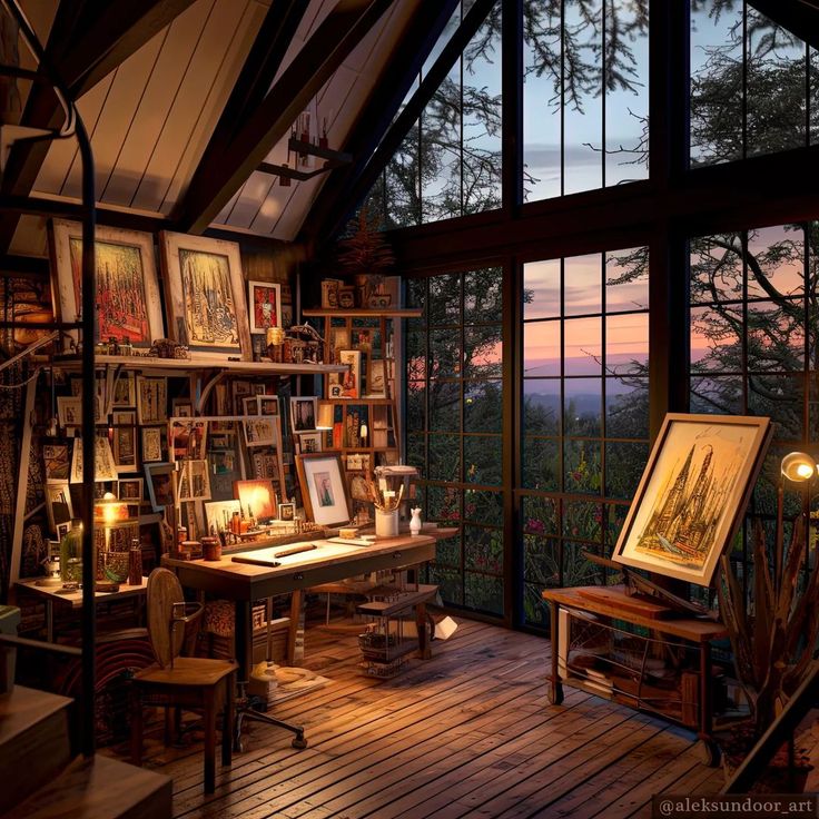 a room filled with lots of books and pictures on the wall next to a window