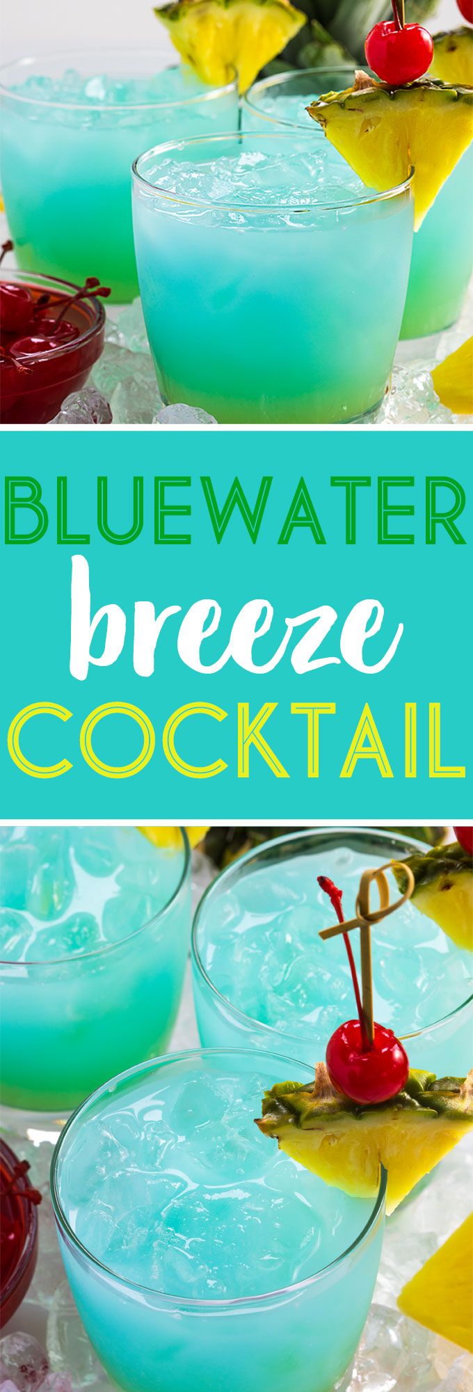 blue water freeze cocktail with cherries and pineapple garnish