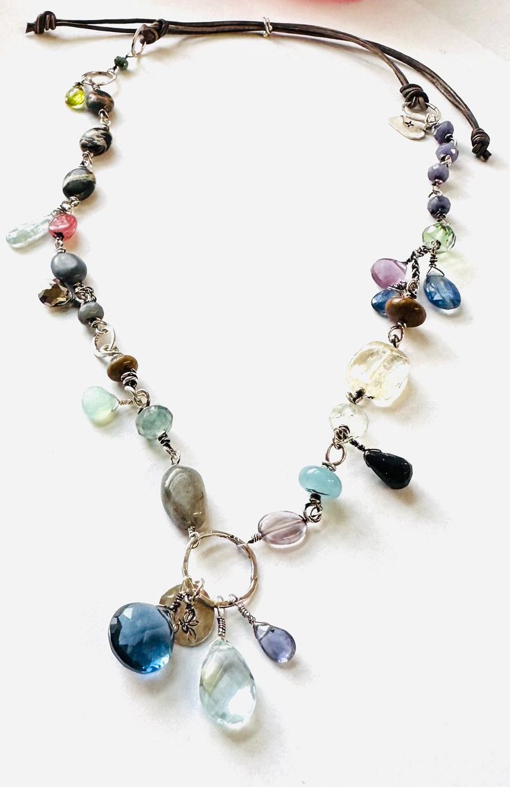 This adjustable 24” necklace Does NOT have a clasp. beads. You put it on over the head and adjust the Greek leather cords. $210 Diy Gemstone Necklace, Jewelry 2024, Plate Jewelry, Gel Plate, Jade Bead Necklace, Turquoise Ocean, Blue Goldstone, Necklace Turquoise, Holiday Wear