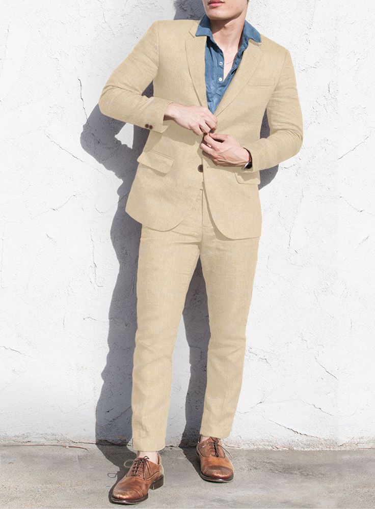 Transform the statement accents by including our Italian Prato Musk Linen Suit. Besides, the suit is crafted from a pure linen material which exudes a plush, soft and exceptionally supple while elevating the breathable character that aims to keep you dry and stylish all summer long. And finally, fulfilling the premium element's commitment with a solid musk suit encourages a dapper addition to your timeless wardrobe while flaunting an effortless stunning drape that promises to keep you covered for various occasions.  Look Includes   Italian Prato Musk Linen Fabric  Two Button Jacket Style  Notch Lapel  Horn Brown Buttons  Single Vent  Three Cuff Buttons  Two Welted Back Pockets on Trousers    Click 'Customize Now' to modify the look if needed.   Lining: Viscose; Dry Clean. Timeless Wardrobe, Linen Suit, Linen Material, Button Jacket, Jacket Buttons, Pure Linen, Jacket Style, Linen Fabric, Dry Clean