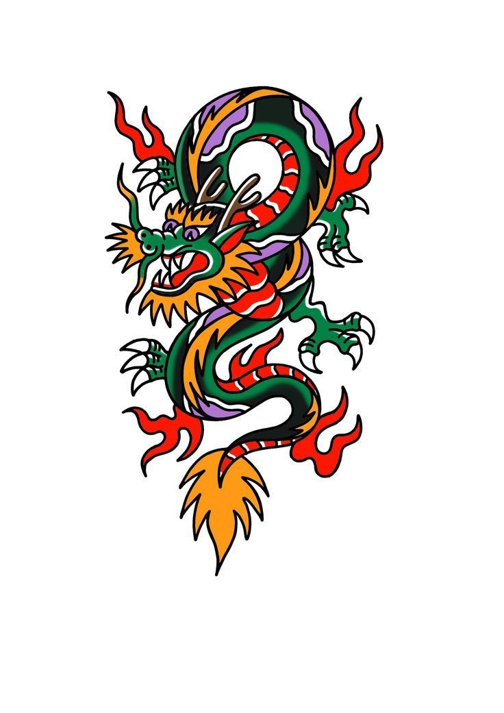 a colorful dragon tattoo design on a white background