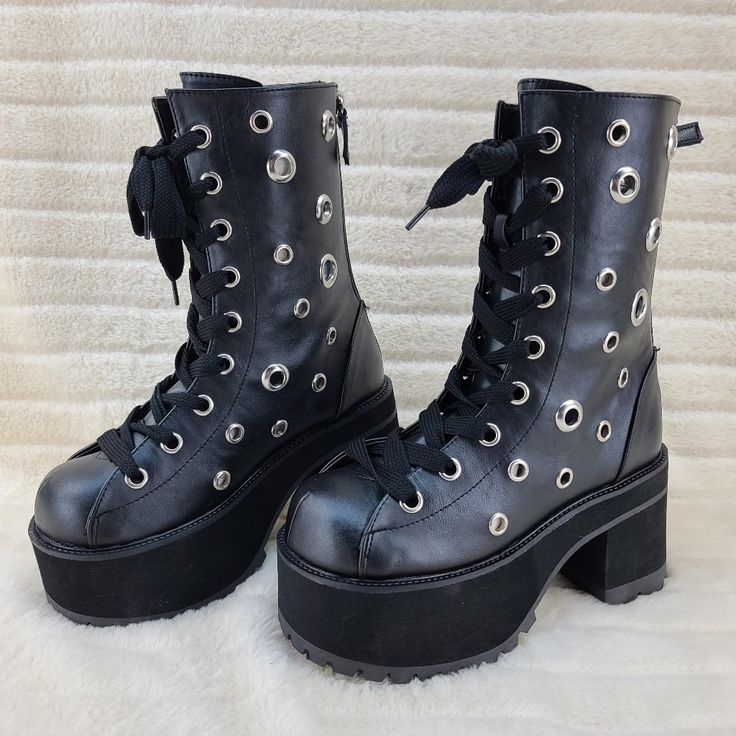 Demonia Ranger-310 3 3/4" (95mm) Heel, 2 1/4" (57mm) Platform Lace-Up Front Ankle Boot Featuring Multi-Size Eyelets On Upper, And 1" Wide Shoe Lace, Back Zip Closure W/ Skull Zip Closure Head. New In Box Punk Style Platform Ankle Boot Heels, Black Gothic Platform Boots For Spring, Gothic Synthetic Platform Boots With Round Toe, Gothic High Heel Platform Lace-up Boots, Gothic Synthetic Round Toe Boots, Punk Style Heeled Boots With Reinforced Heel, Black High Ankle Boots With Metal Feet, Black High Ankle Boots With Metal Accents, Black Chunky Platform Heels With High Ankle