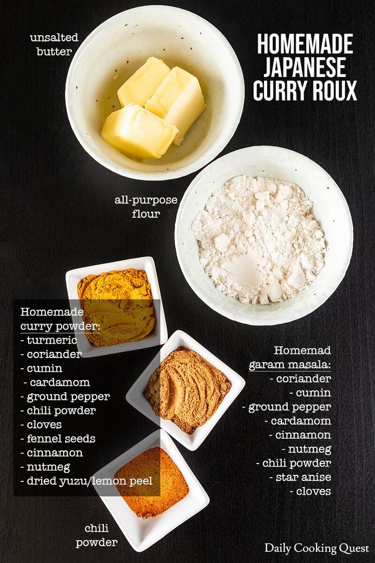 ingredients for homemade japanese curry roux in bowls on a black table with text below