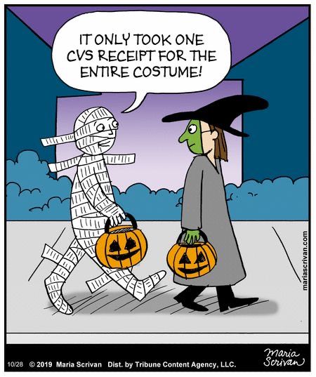 a cartoon with a woman dressed as a witch and a man in a costume holding jack - o'- lanterns