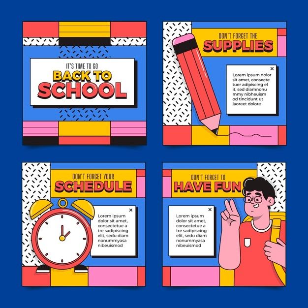 back to school banners with cartoon characters on blue and yellow background, set of 4