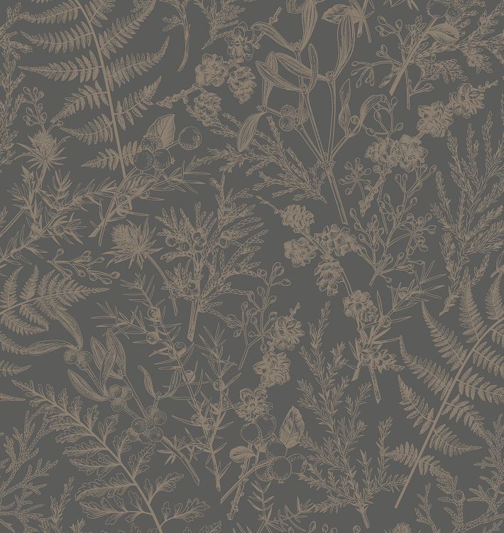 an image of a wallpaper with plants and flowers in brown on dark grey background