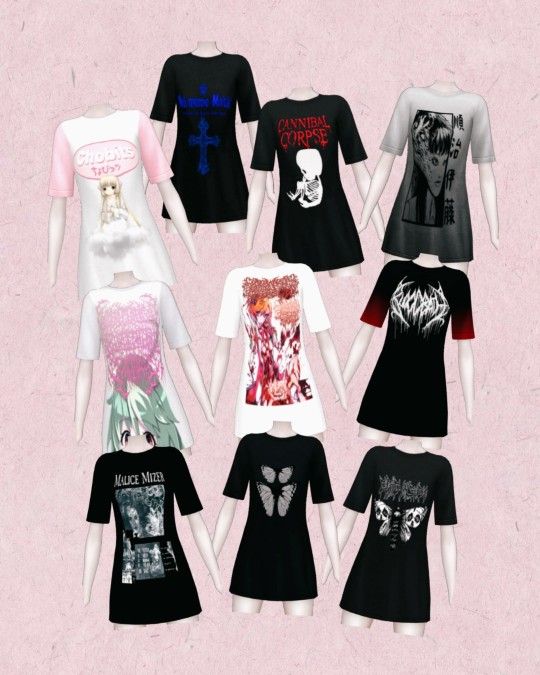 a group of dolls dressed in black and white clothing with different designs on them, all wearing t - shirts