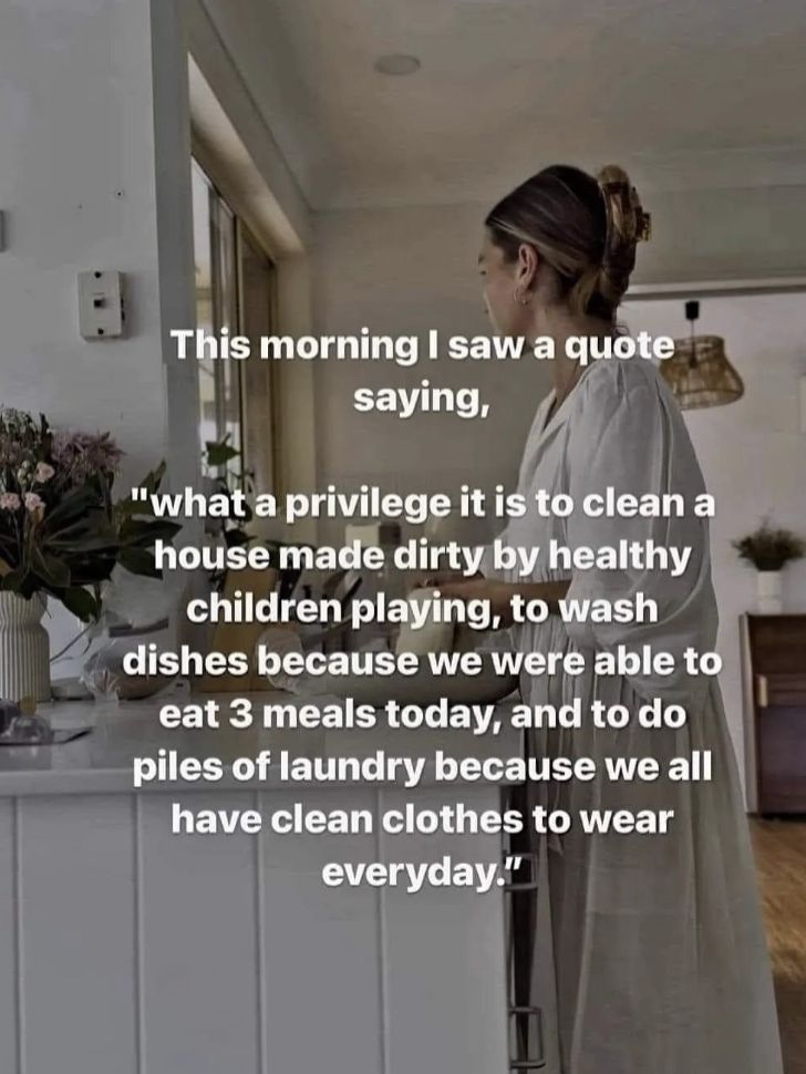 a woman standing in front of a window next to a kitchen counter with the words, this morning i saw a quote saying