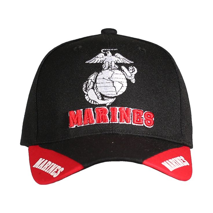 This is one of our 3-way cap product lines: a US Marines embroidered logo cap featuring a 3 sided logo showing on the front, left, and right. This Marine 3-way cap is sure to turn heads and be a statement piece to show off your pride in your Marines' service. Not only is the logo and spell out on the cap 3D embroidered but the color-blocked regions on the brim are done in a sturdy screen print.  *A portion of all proceeds go towards the Military Trademark Licensing Program to support our troops and veterans. Sports Cap With Embroidered Patch, Leather Varsity Jackets, Vietnam Vets, Support Our Troops, Us Marines, The Military, Houston Tx, Left And Right, Trucker Cap