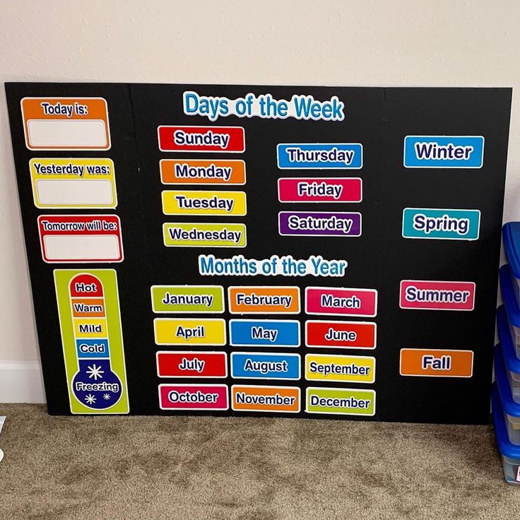 a bulletin board with days of the week written on it and a blue trash can next to it